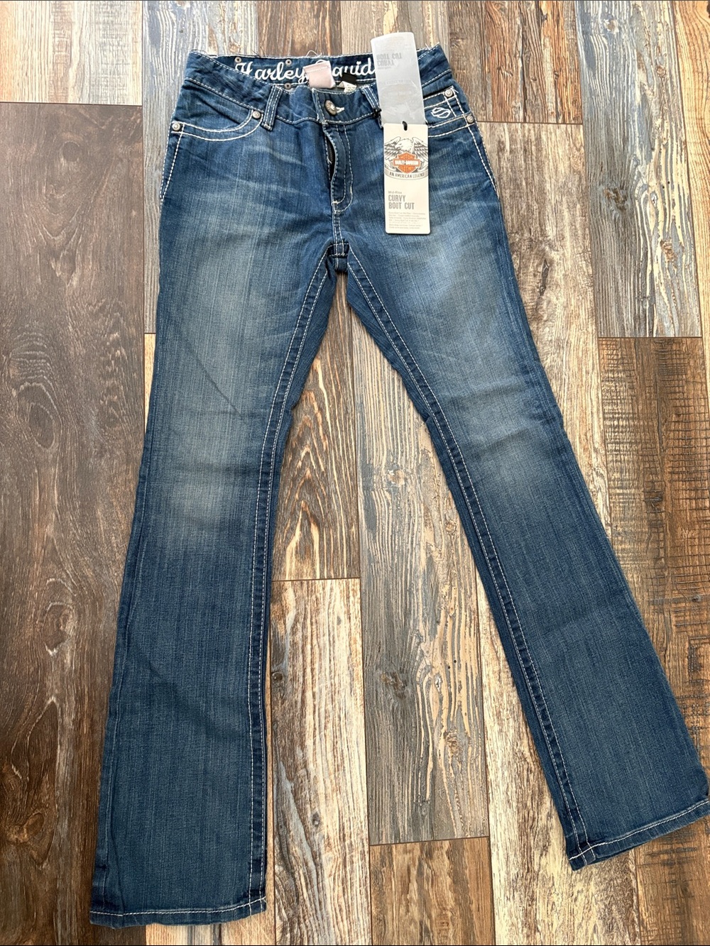Harley-Davidson Women's Dark Blue Flared Jeans with Contrast Stitching